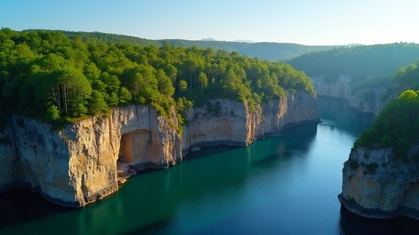 Lush green trees atop rugged brown rock formations beside a calm body of water under a clear blue sky