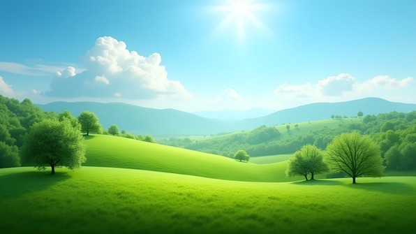 Lush green trees scattered across a gently rolling hill under a bright blue daytime sky