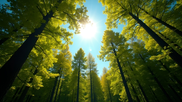 Lush green and yellow trees in a sunlit forest during early autumn under a clear blue sky