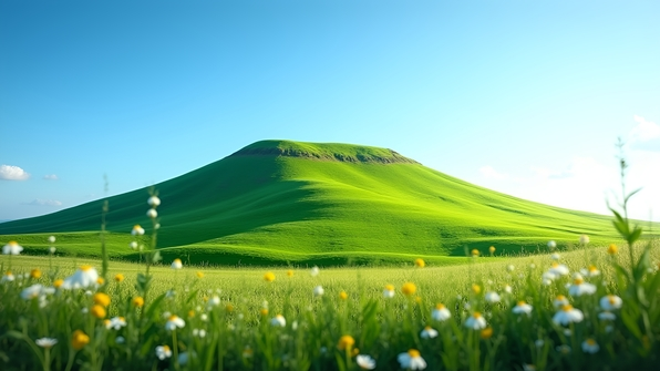 A lush mountain with green grass under a clear blue sky showcasing natural beauty