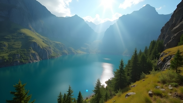 Aerial shot of a lush mountain landscape with a calm blue lake under bright sunlight