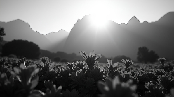Lush Plants With Mountain Backdrop In Black And White