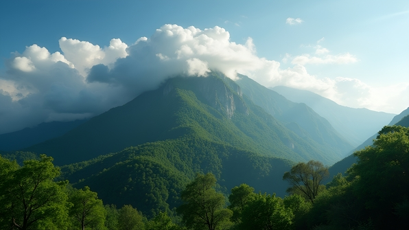 Lush Tree-Covered Mountain Under Clear Blue Sky