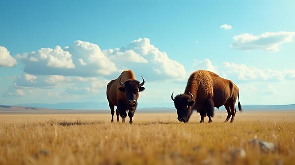 Two majestic brown bison grazing peacefully on a vast open grassy field under a bright blue sky with scattered white clouds