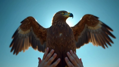 Majestic Brown Eagle Held Against Blue Sky