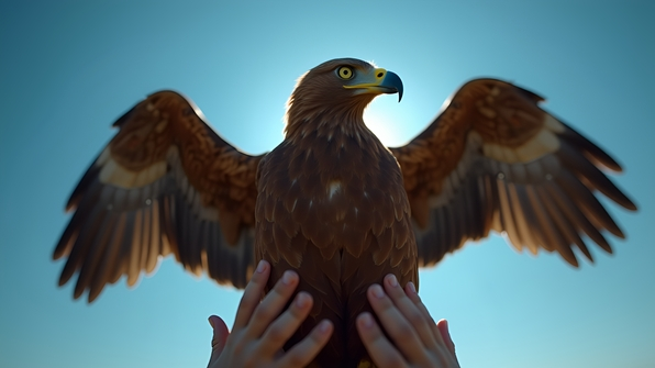 Majestic brown eagle with outstretched wings held gently by a person against a clear blue sky