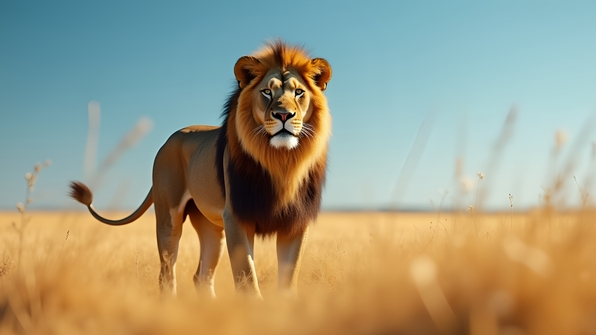 Majestic brown lion with a thick mane standing proudly in golden savannah grass under a clear blue sky