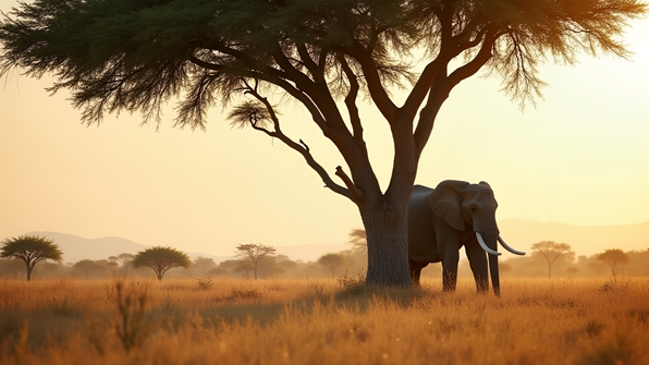 A majestic elephant stands calmly beside a large, leafy tree in a natural savanna landscape under bright daylight