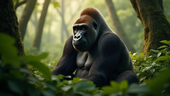 Majestic gorilla sitting peacefully in a lush tropical rainforest surrounded by green foliage and sunlight