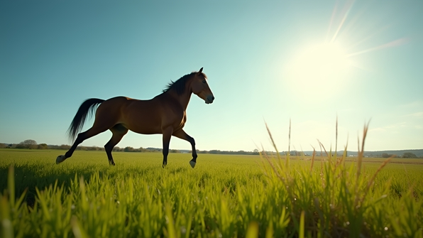 Majestic horse walking through vibrant green fields under a clear blue sky