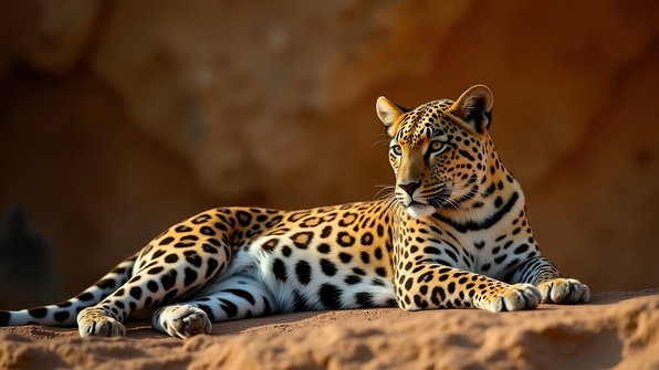 Majestic leopard resting gracefully on a textured brown surface with spotted fur