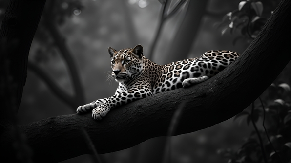 Majestic leopard resting on a tree branch in high-contrast grayscale