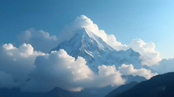 A majestic mountain peak partially obscured by fluffy white cumulus clouds under a bright blue sky