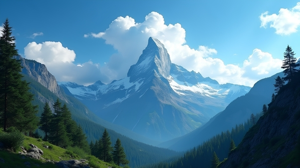 Majestic mountain peak towering beneath a vibrant blue sky with white clouds and surrounded by lush green forests and rocky slopes
