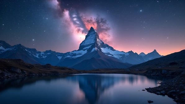 A majestic mountain peak illuminated by stars beneath a vibrant, swirling Milky Way galaxy.