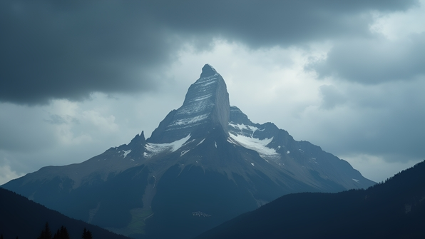 A majestic mountain peak rises beneath a dramatic overcast sky with thick swirling gray clouds