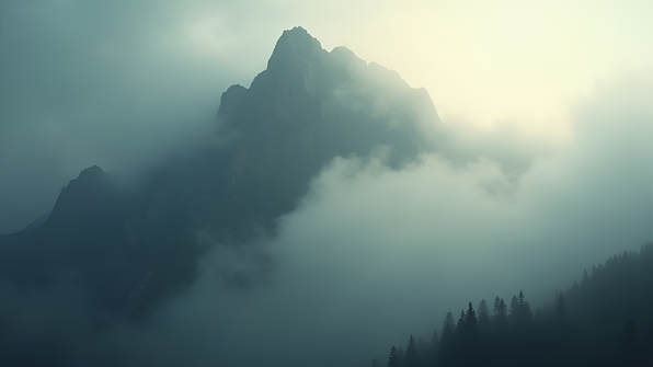 Majestic Mountain In Thick Fog Under Soft Daylight