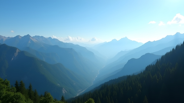 Panoramic landscape of majestic mountains with lush green forests under a clear blue sky