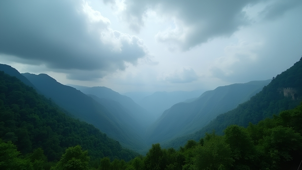 Majestic mountains covered in lush green trees under a dramatic overcast sky with thick, textured clouds