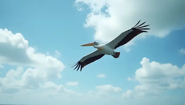 Majestic Pelican Soaring Under Cloudy Blue Sky