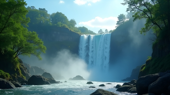 A majestic waterfall cascading amidst lush green trees under a clear blue sky with mist rising and sunlight filtering through the foliage