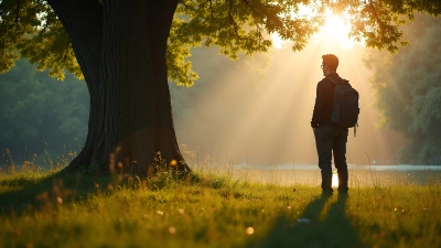 Man With Backpack Near Large Tree Outdoors