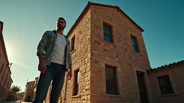 A man in casual clothing stands confidently beside a rustic brown brick building under a clear blue sky