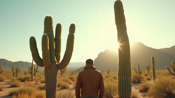 A man wearing a brown jacket stands beside a tall green cactus in a bright desert landscape