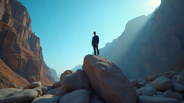 Man in black outfit standing confidently atop a rugged rock formation under a clear blue sky
