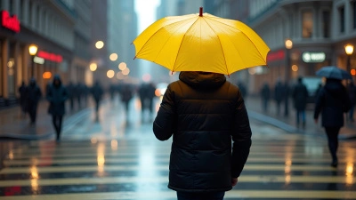 Man in Black Puffer Jacket with Yellow Umbrella Crossing Street