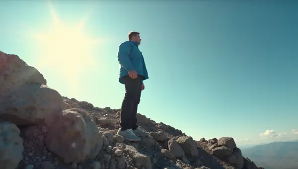 Man in Blue Jacket On Rocky Hill
