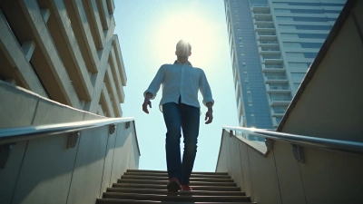 Man in Blue Shirt Ascending Outdoor Stairs