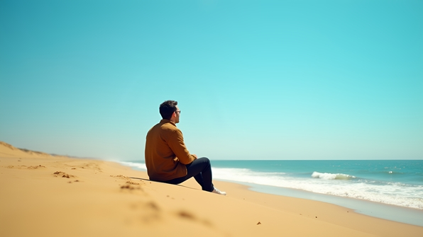 Man in brown jacket sitting alone on golden sandy beach under clear blue sky gazing at horizon