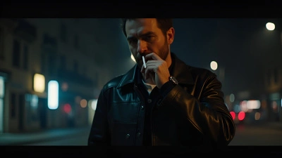 Man in Dark Leather Jacket Smoking Cigarette at Night