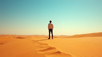 Man On Expansive Golden Sand Dunes Under Blue Sky