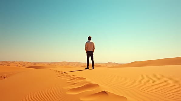 A lone man confidently stands on expansive golden sand dunes under a clear blue sky