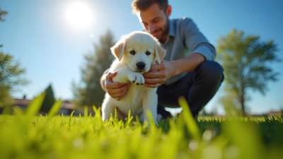 Man Holding Puppy On Green Grass