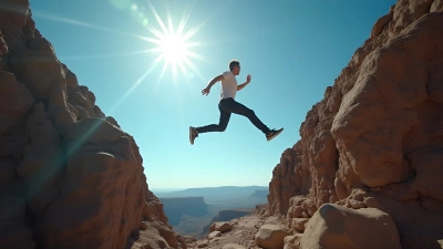 Man Jumping Between Rocky Cliffs Outdoors