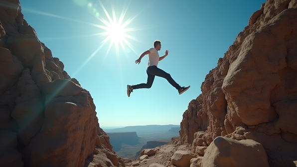 A man jumping between rocky cliffs under a bright blue daytime sky