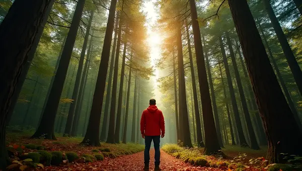 Man in Red Jacket Among Tall Trees