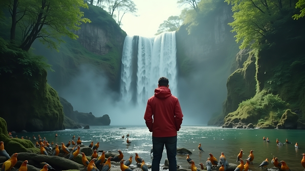 A man in a red jacket stands with his back to the camera gazing at a majestic waterfall surrounded by lush greenery under bright daylight