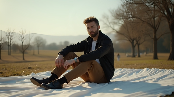A man sitting outdoors in a black jacket and brown pants on a white textile in natural daylight
