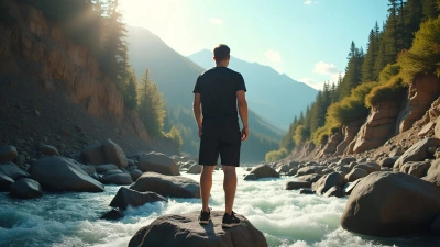 Man Standing Confidently on Rugged Rocks by River