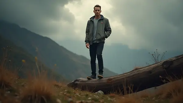 Man Standing Confidently On Rustic Wooden Log Outdoors