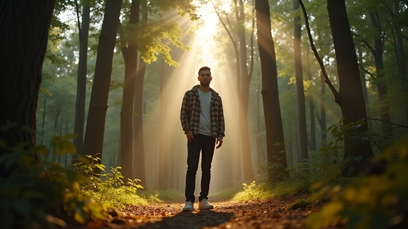 A man wearing casual clothes stands confidently amidst tall leafy trees in a serene forest with sunlight filtering through the branches