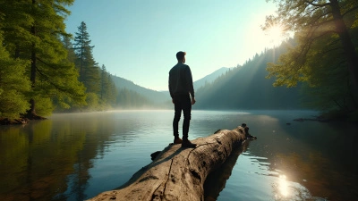 Man Standing on Fallen Tree by Calm Lake