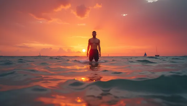 Man Standing on Gentle Sea Waves at Sunset