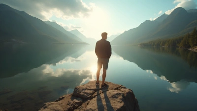 Man Standing On Rugged Stone By Tranquil Lake