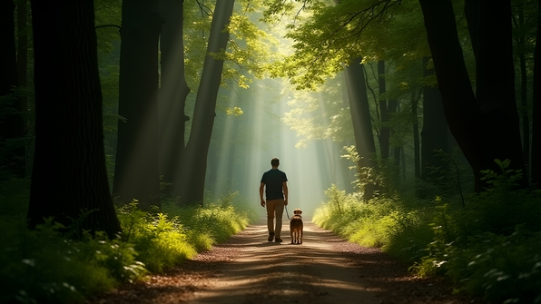 A man walking his dog on a shaded forest path surrounded by tall green trees with sunlight filtering through the leaves