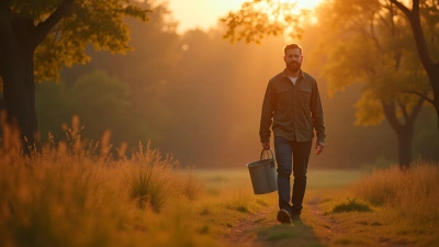 Man Walking Outdoors Holding Metal Bucket